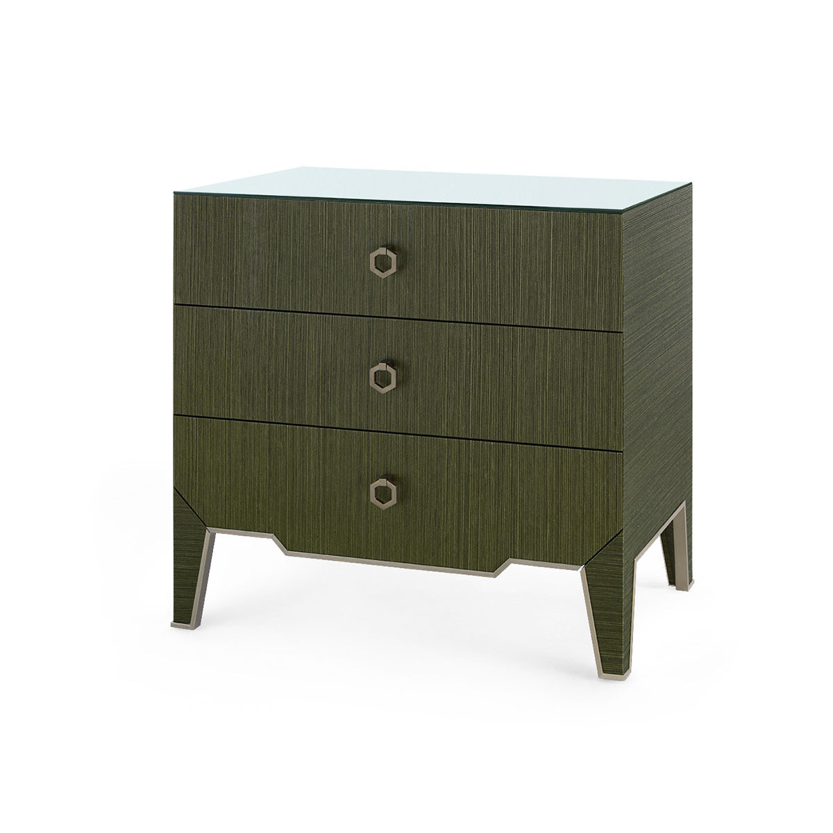 Madeline 3-Drawer Side Table with Glass Top, Deep Olive