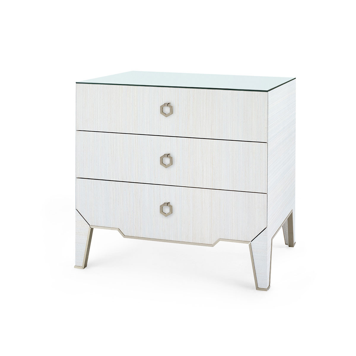 Madeline 3-Drawer Side Table with Glass Top, Platinum Shimmer