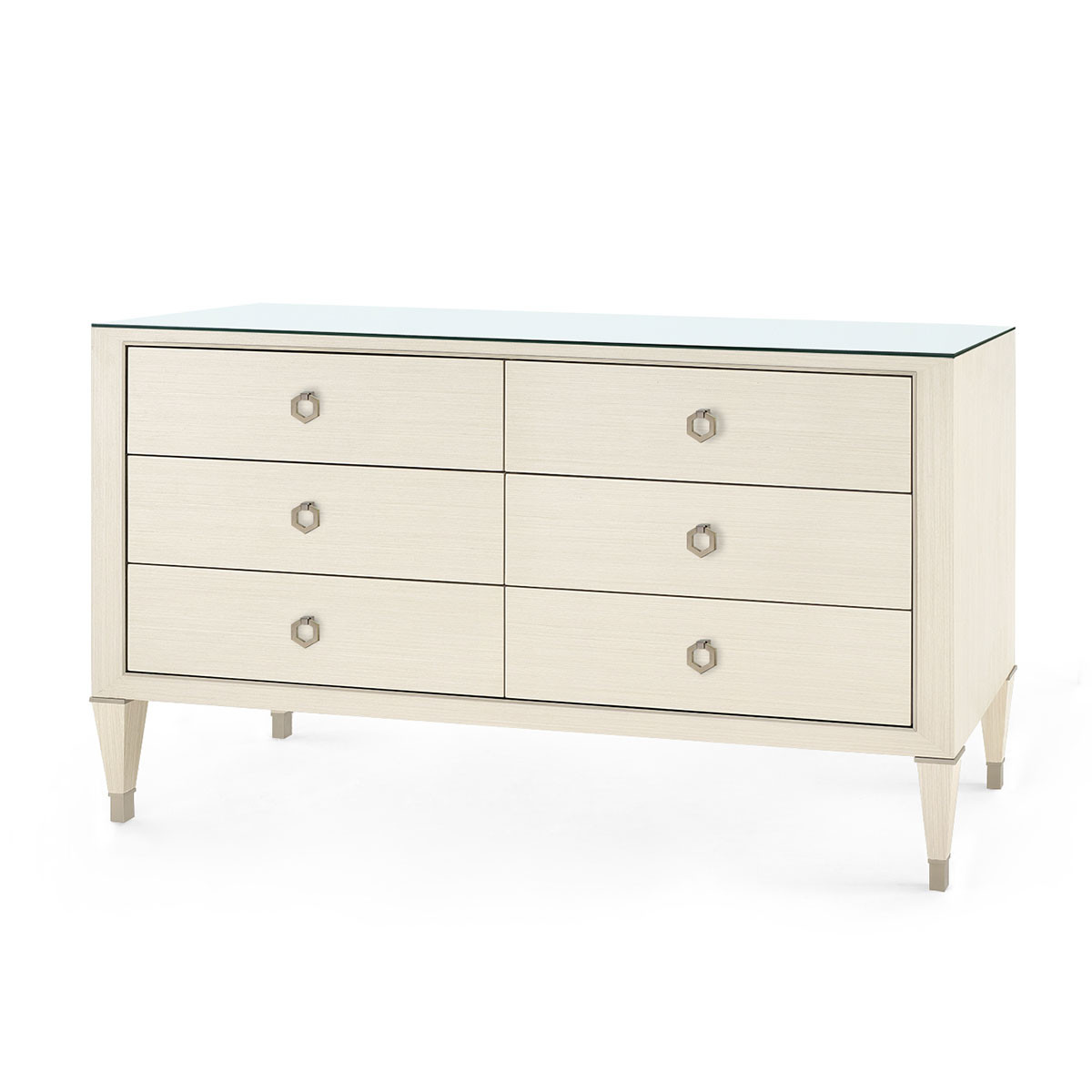 Morris Extra Large 6-Drawer with Glass Top, Blanched Oak and Satin Bronze
