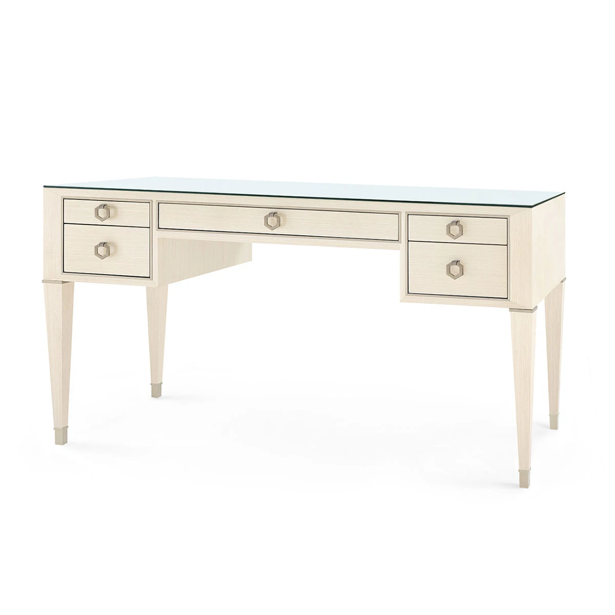 Morris Desk with Glass Top, Blanched Oak and Satin Bronze