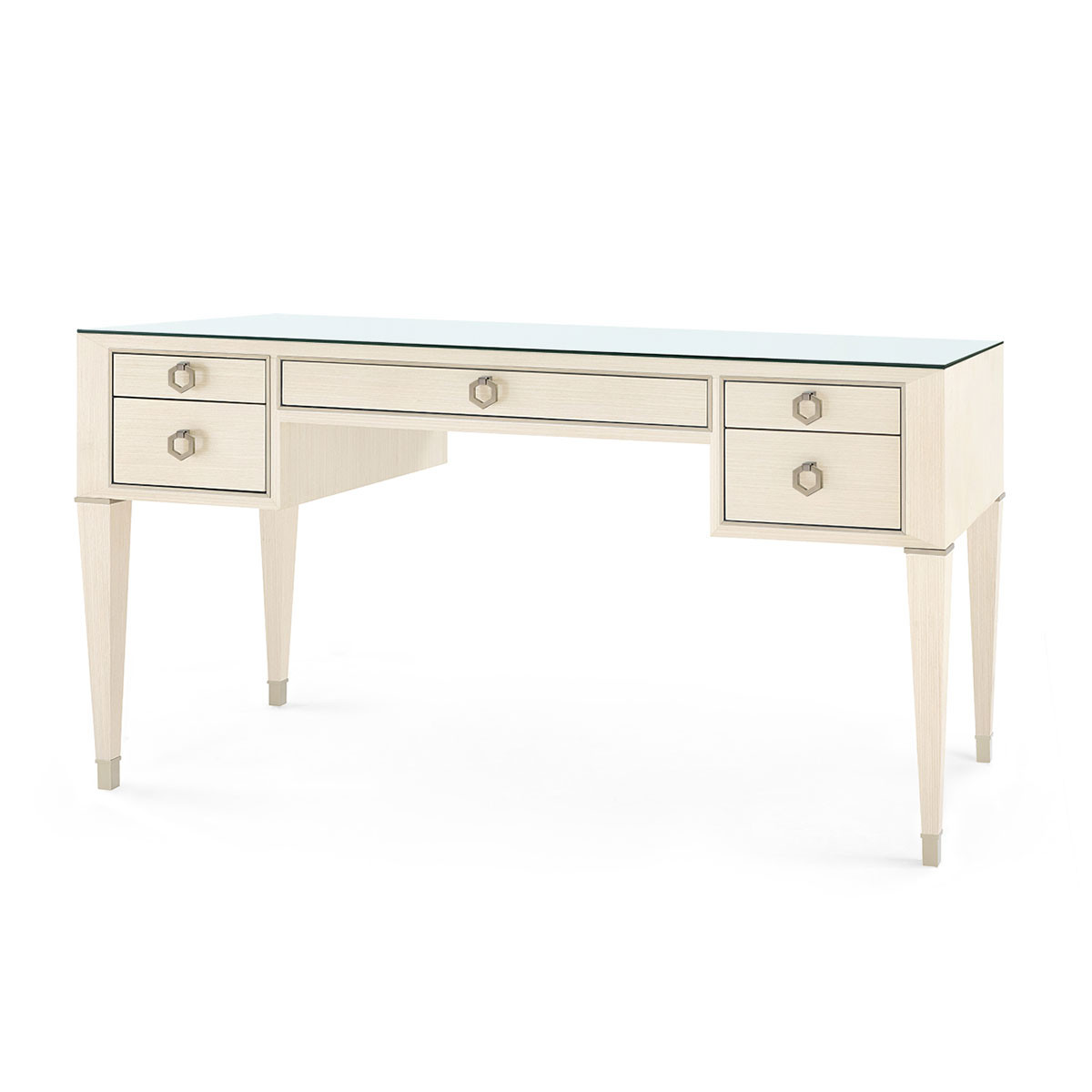 Morris Desk with Glass Top, Blanched Oak and Satin Bronze
