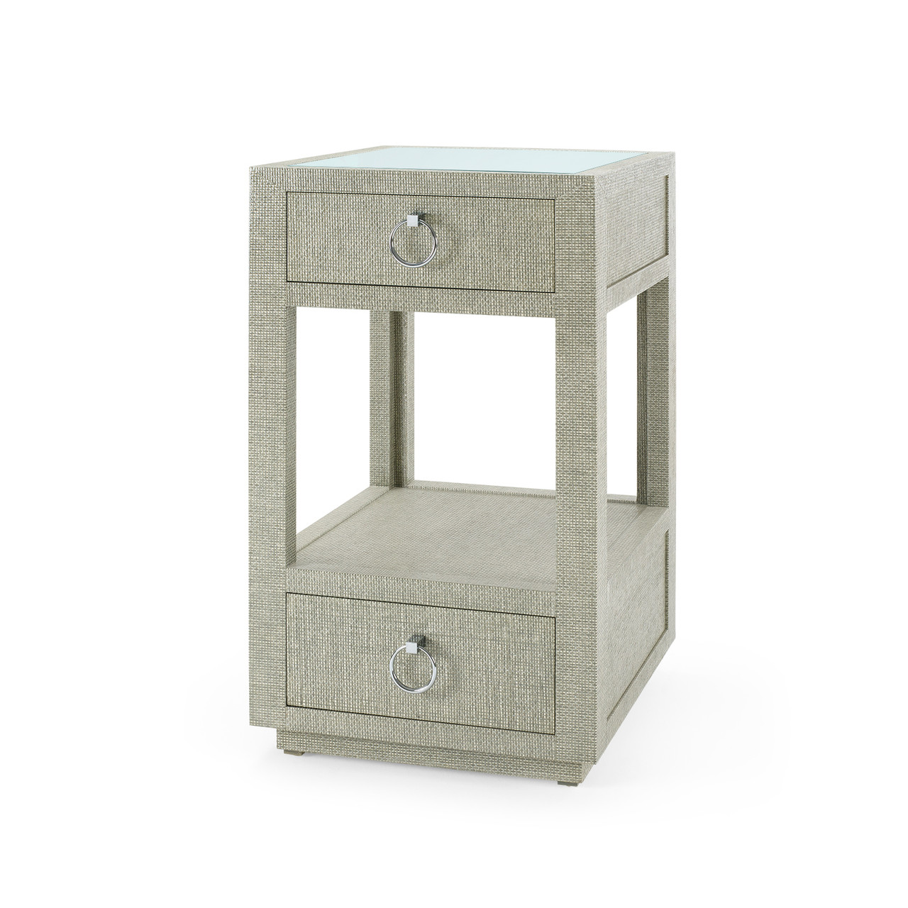Camilla  2-Drawer Side Table with Glass Top, Moss Gray Tweed