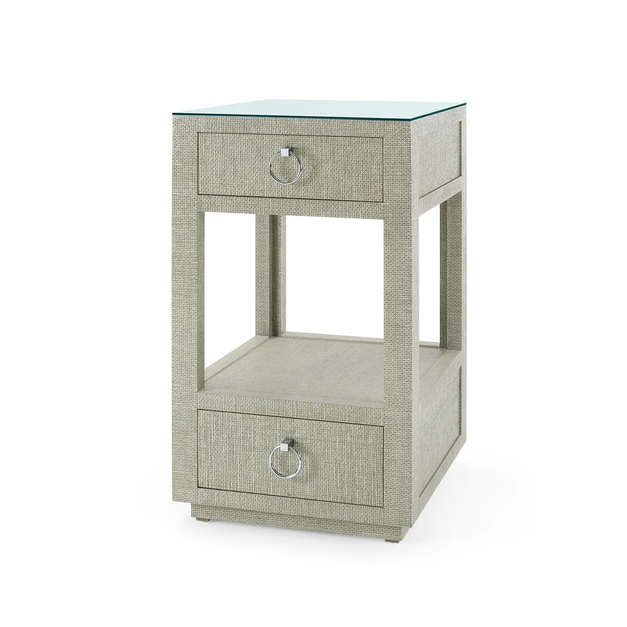Camilla  2-Drawer Side Table with Glass Top, Moss Gray Tweed