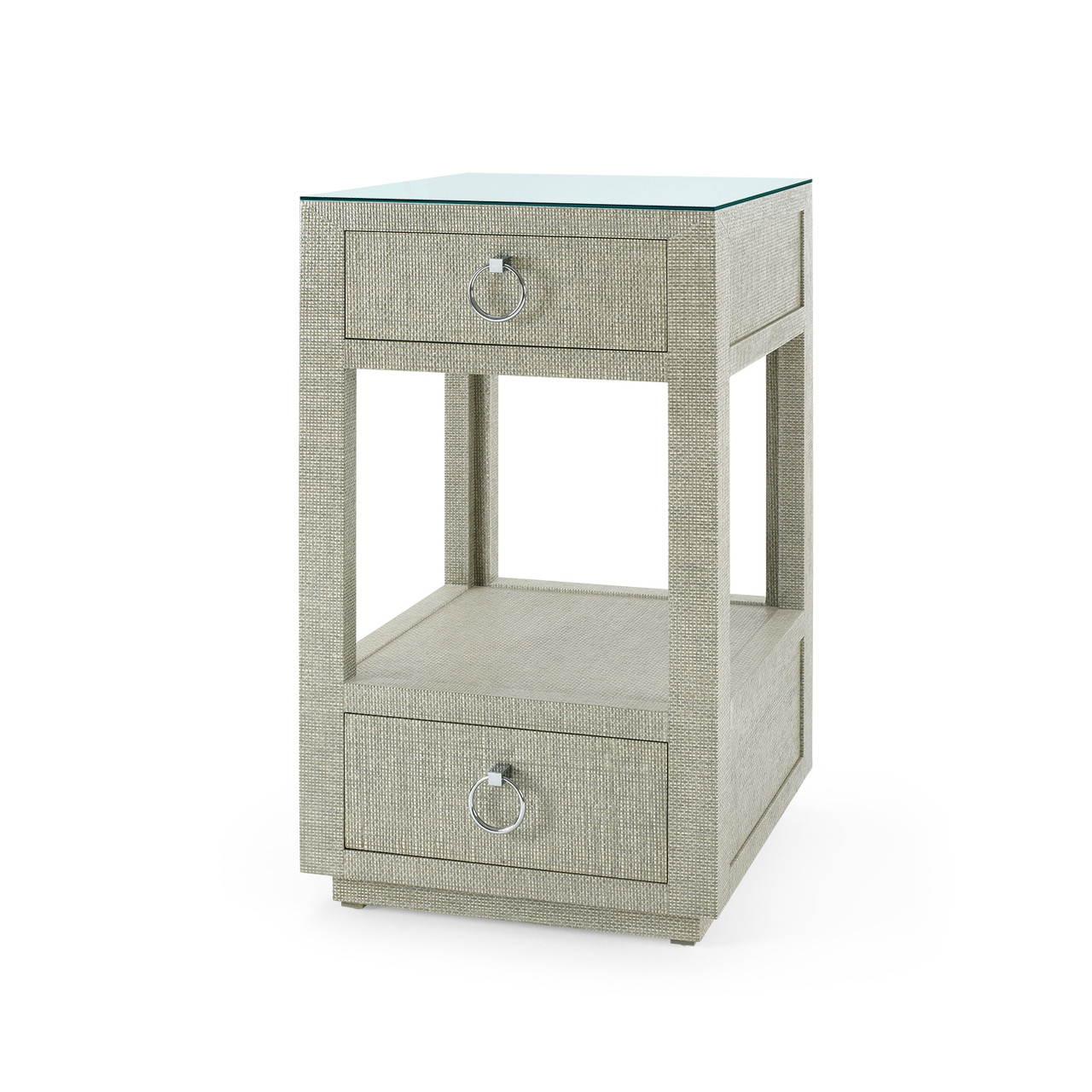 Camilla  2-Drawer Side Table with Glass Top, Moss Gray Tweed