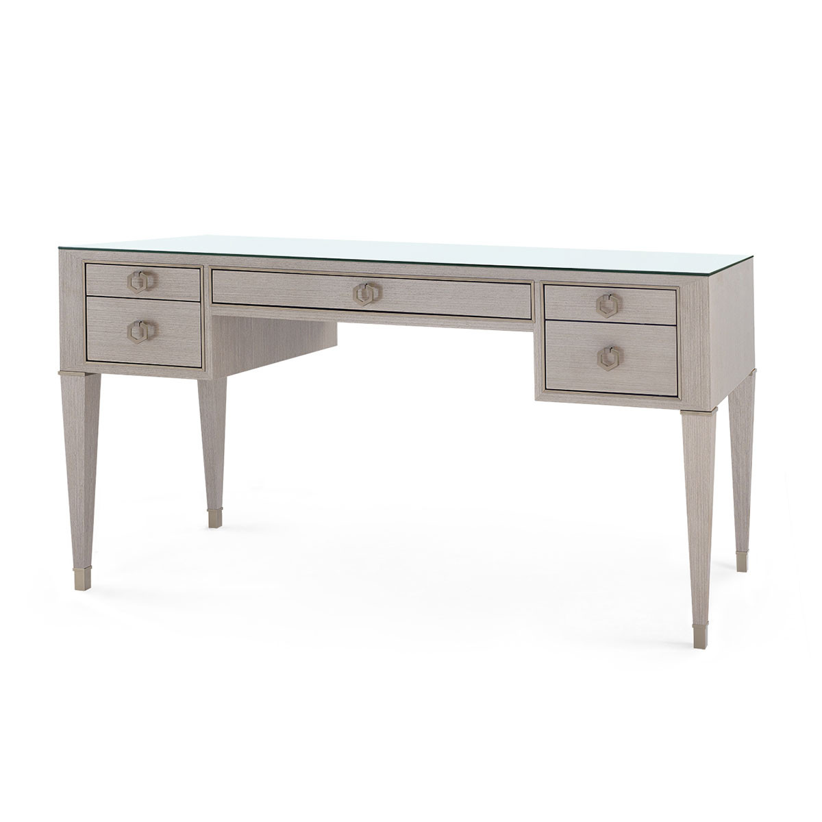 Morris Desk with Glass Top, Taupe Gray and Satin Bronze