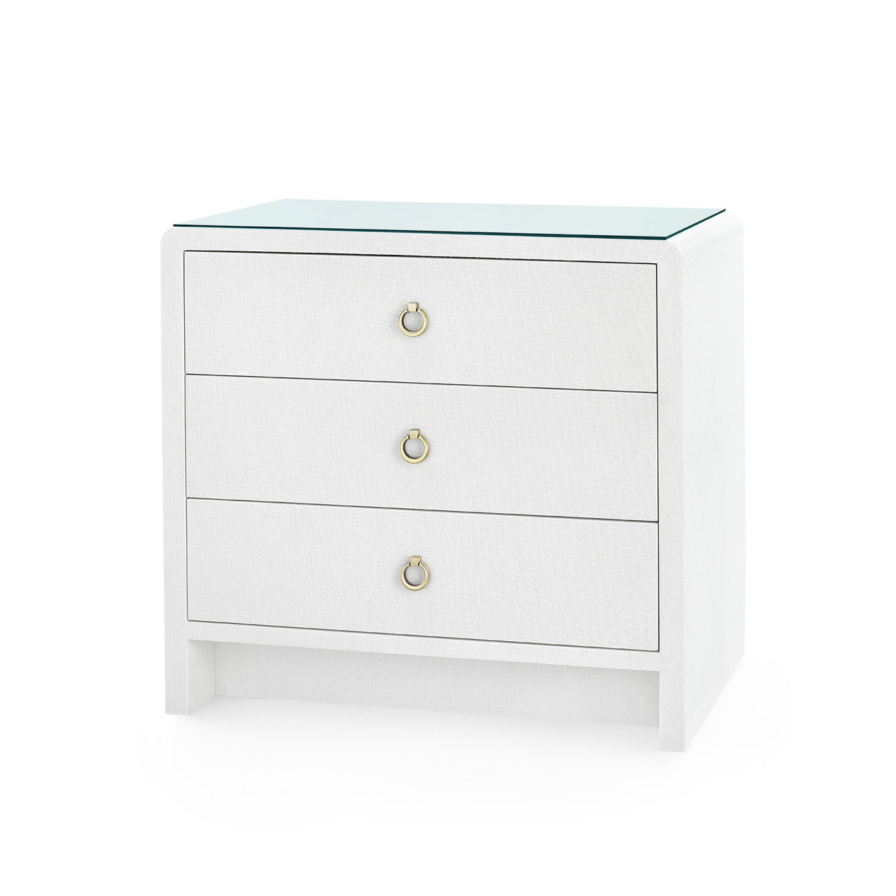 Bryant Linen 3-Drawer Side Table with Glass Top, Chiffon White