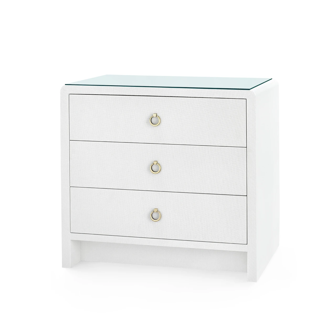 Bryant Linen 3-Drawer Side Table with Glass Top, Chiffon White