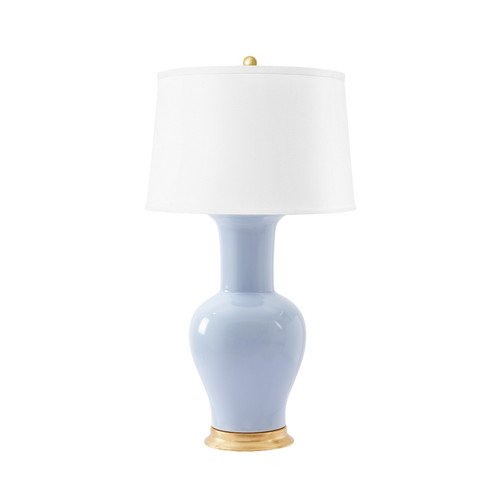 Acacia Lamp with Shade 17-inch White Linen, with Gold, Periwinkle Blue