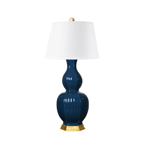 Delft Lamp with Shade 16-inch White Linen, with Gold, Navy Blue