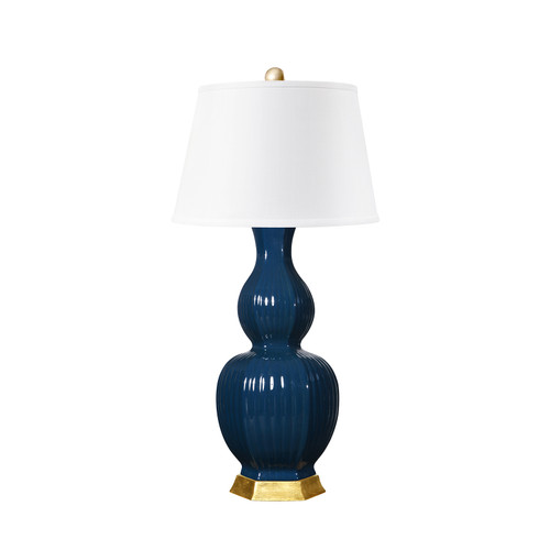 Delft Lamp with Shade 16-inch White Linen, with Gold, Navy Blue