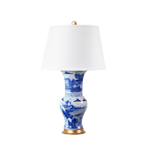 Pavillion Lamp with Shade 16-inch White Linen, with Gold, Blue and White