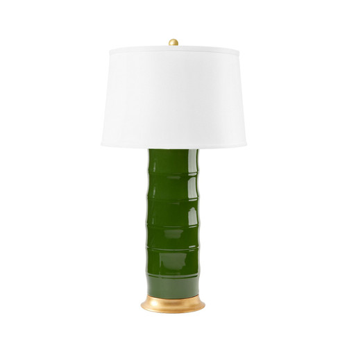 Saigon Lamp with Shade 17-inch White Linen, with Gold, Dark Green