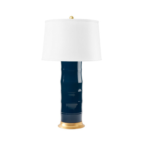 Saigon Lamp with Shade 17-inch White Linen, with Gold, Navy Blue