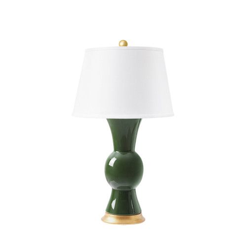 Tao Lamp with Shade 16-inch White Linen, with Gold, Dark Green