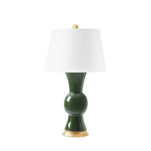 Tao Lamp with Shade 16-inch White Linen, with Gold, Dark Green