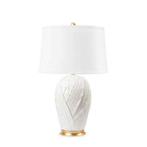 Tobacco Leaf Lamp with Shade 17-inch White Linen, with Gold, Blanc de Chine