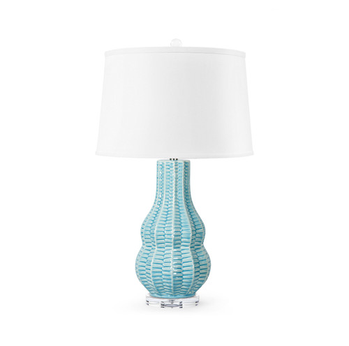Quinn Lamp with Shade 17-inch White Linen, with Nickel, Waterfall Blue