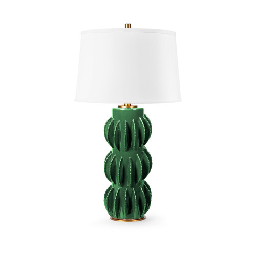 Saguaro Lamp with Shade 17-inch White Linen, with Gold, Botanical Green