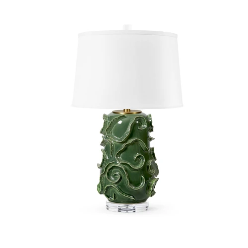 Vinework Lamp with Shade 17-inch White Linen, with Gold, Botanical Green
