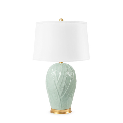 Habano Lamp with Shade 17-inch White Linen, with Gold, Pale Celadon
