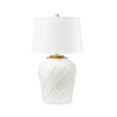 Soochow Lamp with Shade 17-inch White Linen, with Gold, Blanc de Chine