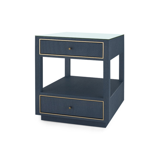 Carmen 2-Drawer Side Table with Glass Top, Blue Steel