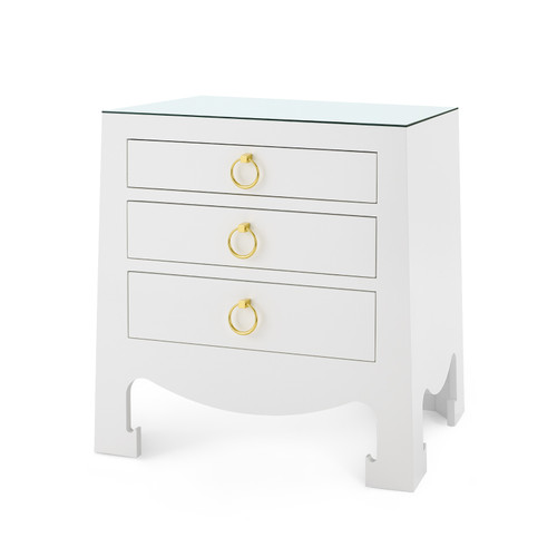 Jacqui 3-Drawer Side Table with Glass Top, Chiffon White