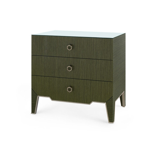 Madeline 3-Drawer Side Table with Glass Top, Deep Olive