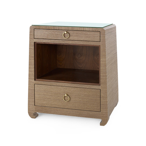 Ming 2-Drawer Side Table with Glass Top, Flax Brown