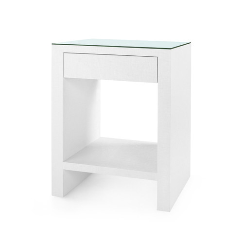 Morgan Grasscloth 1-Drawer Side Table with Glass Top, Chiffon White