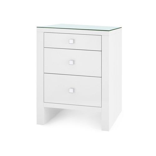 Morgan 3-Drawer Side Table with Glass Top, Chiffon White