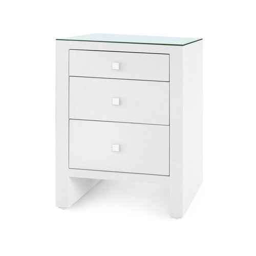 Morgan Grasscloth 3-Drawer Side Table with Glass Top, Chiffon White