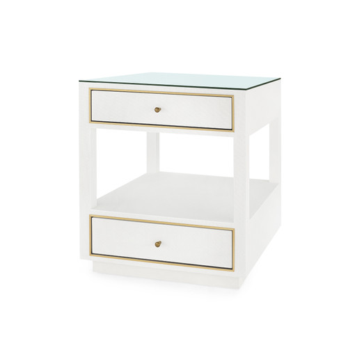 Carmen 2-Drawer Side Table with Glass Top, Chiffon White