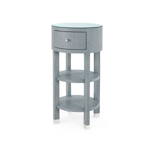 Claudette 1-Drawer Round Side Table with Glass Top, Washed Winter Gray
