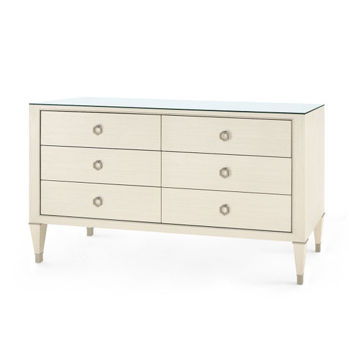 Morris Extra Large 6-Drawer with Glass Top, Blanched Oak and Satin Bronze
