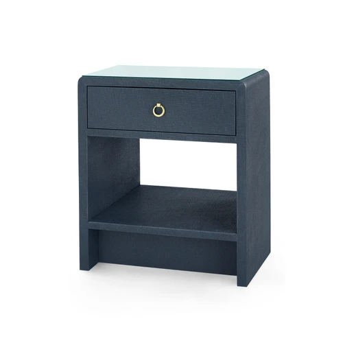 Benjamin Linen 1-Drawer Side Table with Glass Top, Blue Steel