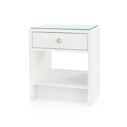 Benjamin Linen 1-Drawer Side Table with Glass Top, Chiffon White