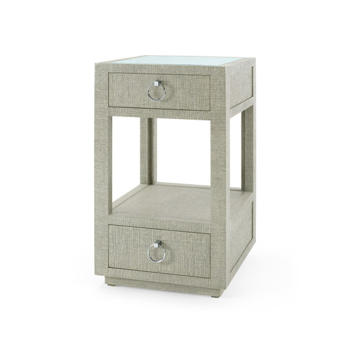 Camilla  2-Drawer Side Table with Glass Top, Moss Gray Tweed