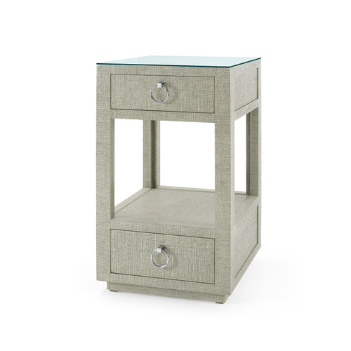 Camilla  2-Drawer Side Table with Glass Top, Moss Gray Tweed
