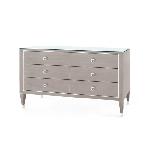 Morris Extra Large 6-Drawer with Glass Top, Taupe Gray and Nickel