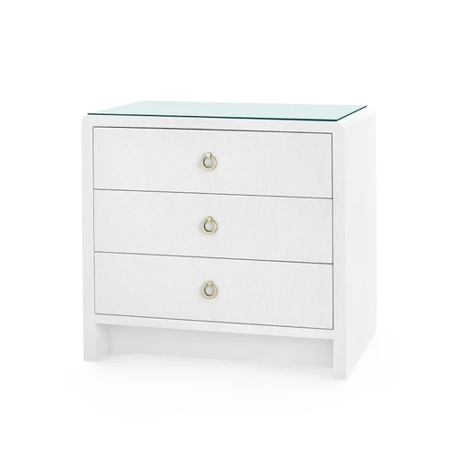Bryant Linen 3-Drawer Side Table with Glass Top, Chiffon White