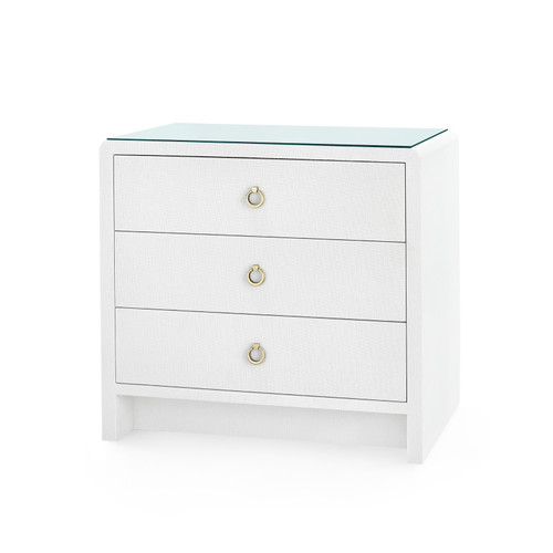 Bryant Linen 3-Drawer Side Table with Glass Top, Chiffon White
