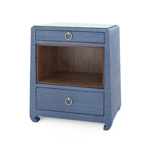 Ming 2-Drawer Side Table with Glass Top, Navy Blue