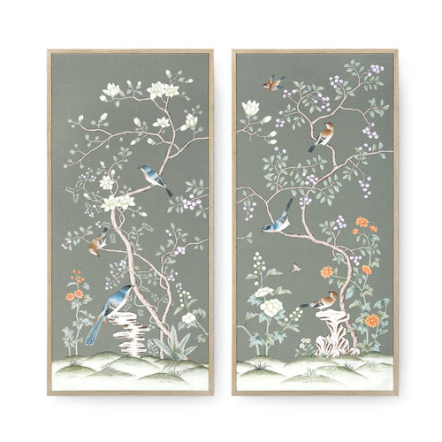 Celadon Bough Framed Silk Panel Pair, Celadon