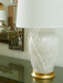Tobacco Leaf Lamp with Shade 17-inch White Linen, with Gold, Blanc de Chine Tobacco Leaf Lamp with Shade 17-inch White Linen, with Gold, Blanc de Chine