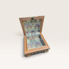 An open view of the exclusive 16x16 cm Craftihouse decorative box revealing its vibrant traditional fabric-lined interior and sophisticated marquetry craftsmanship.