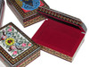 A profile view showing the smooth wooden interior and the high-quality glossy lacquer finish of the 11x8x3 cm Khatamkari jewelry box.