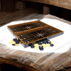 A dual-sided 38x38 cm MDF game board open to show the printed backgammon interior and chess board exterior.
