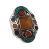 Exclusive Ring , beauty gift, Turquoise nepali antique ring, Tibetan multistone ring, flower lapis lazuli and coral ring, Mosaic turquoise jewelry, Bohemian Fine Craftsmanship Detail