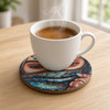 A professional lifestyle presentation shot of the round 9 cm ceramic veiled beauty coaster resting on a clean white backdrop.